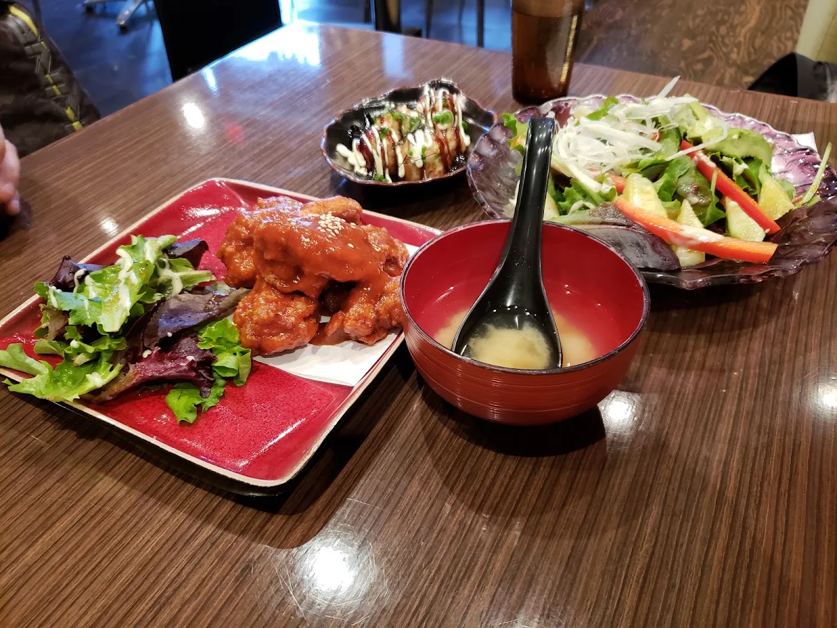 Sweet and Spicy Karaage Takoyaki Miso Soup and Green Salad