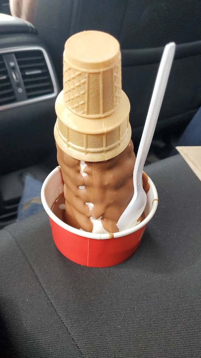 Medium Cone of Vanilla Ice Cream Dipped in Caramel