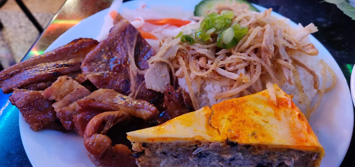 43 Vietnamese Broken Rice w Pork Chops Shredded Pork Skin and Pork Egg Custard