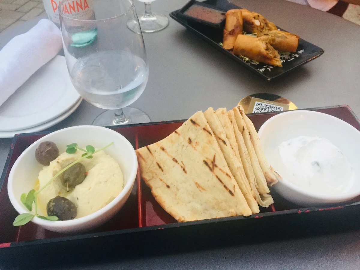 Hummus and Pita Bread with Spring Rolls