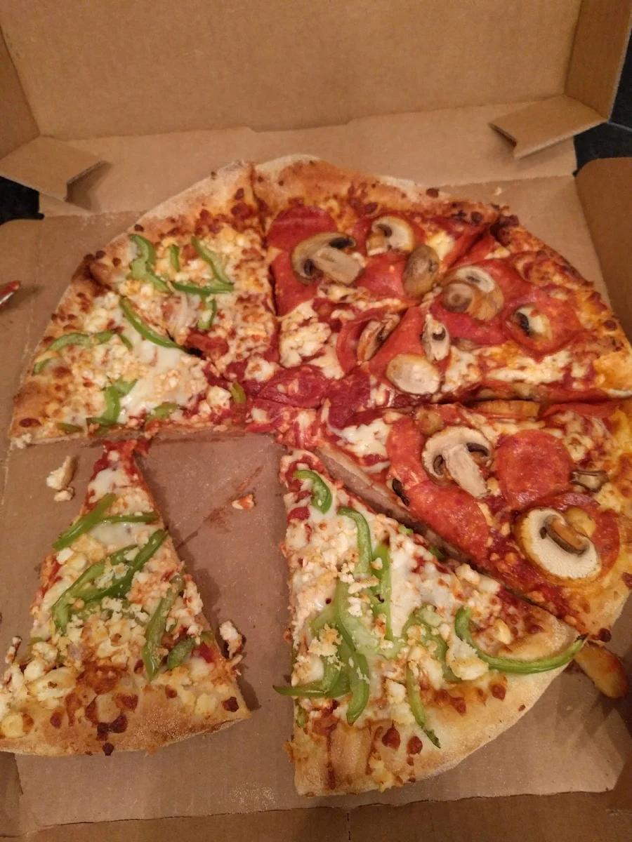 Pepperoni and Mushroom on Half Other Half Feta Cheese and Green Pepper