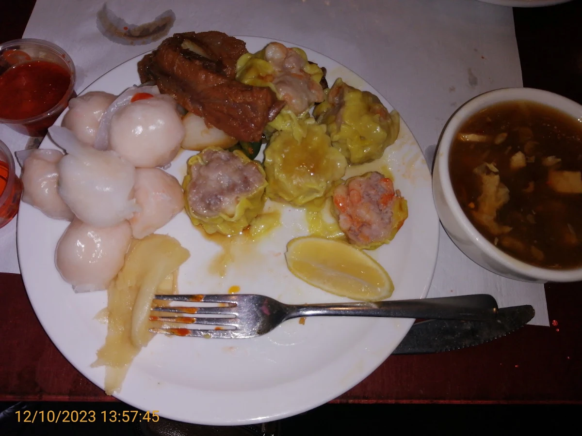 Buffet Shrimp Pork Dumplings & Honey Garlic Pork Ribs Hot & Sour Soup