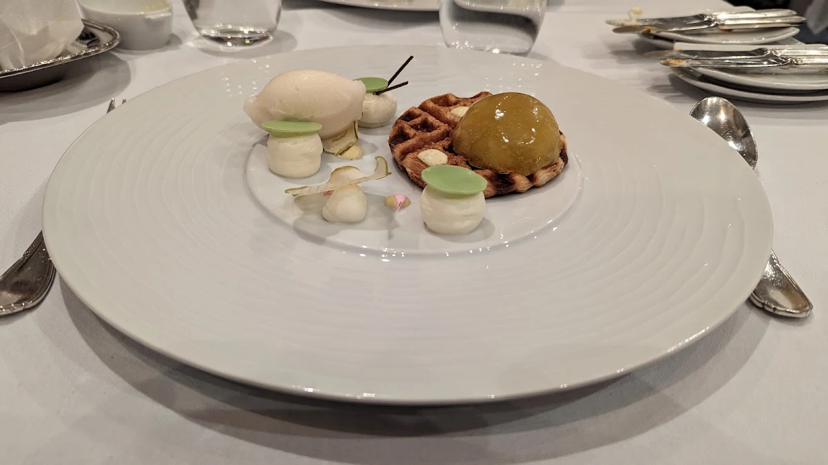 Maple Sable Honey Salted Caramel Whipped Cream with Vanilla and Flaxseed Crisp Tonka Ice Cream