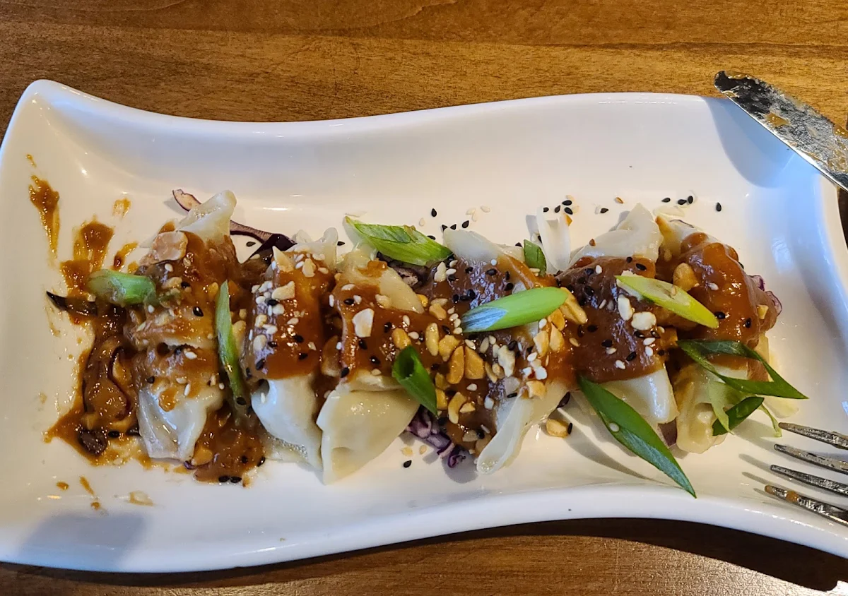 Vegetable Chicken Dumplings with Peanut Sauce