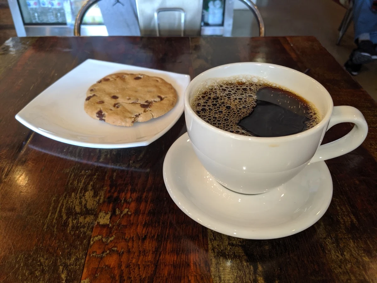 Large Coffee and Chocolate Chip Cookie