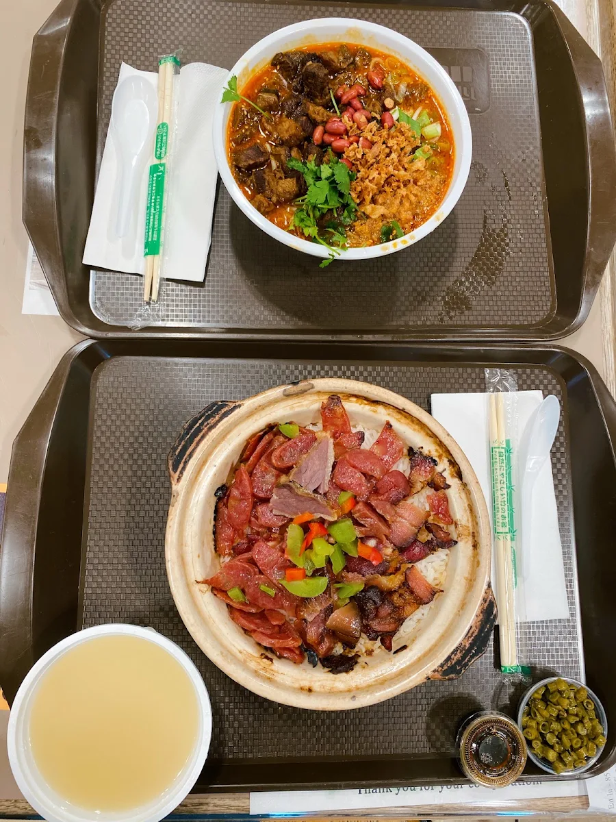 Spicy and Sour Soup with Beef and Cantonese Style Savoury Rice Bowl