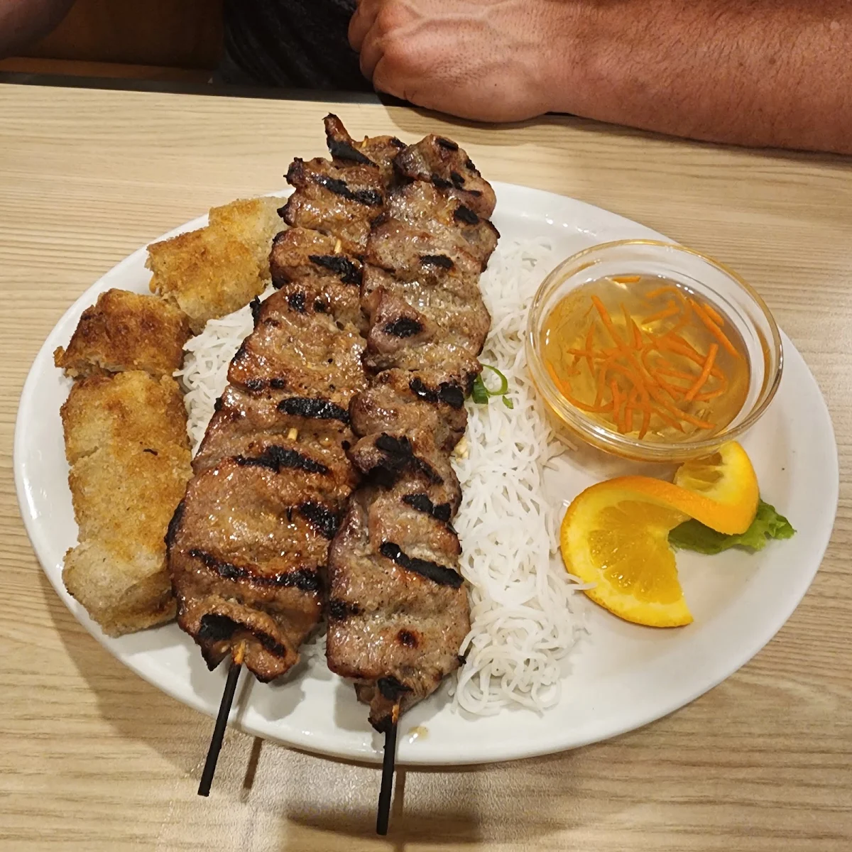 Chicken and Pork Brochettes with Rice Noodle
