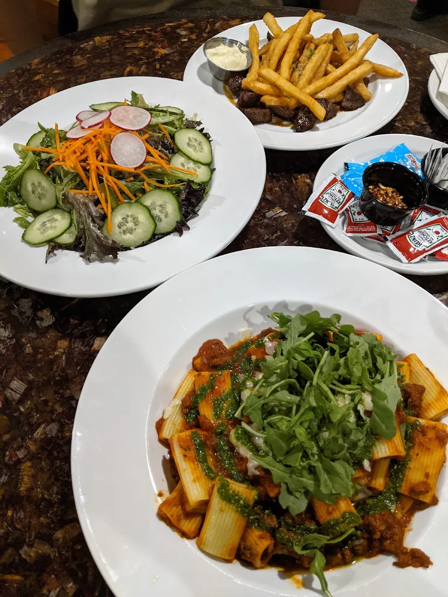 Steak Tip and Frites Gathered Greens and Rigatoni