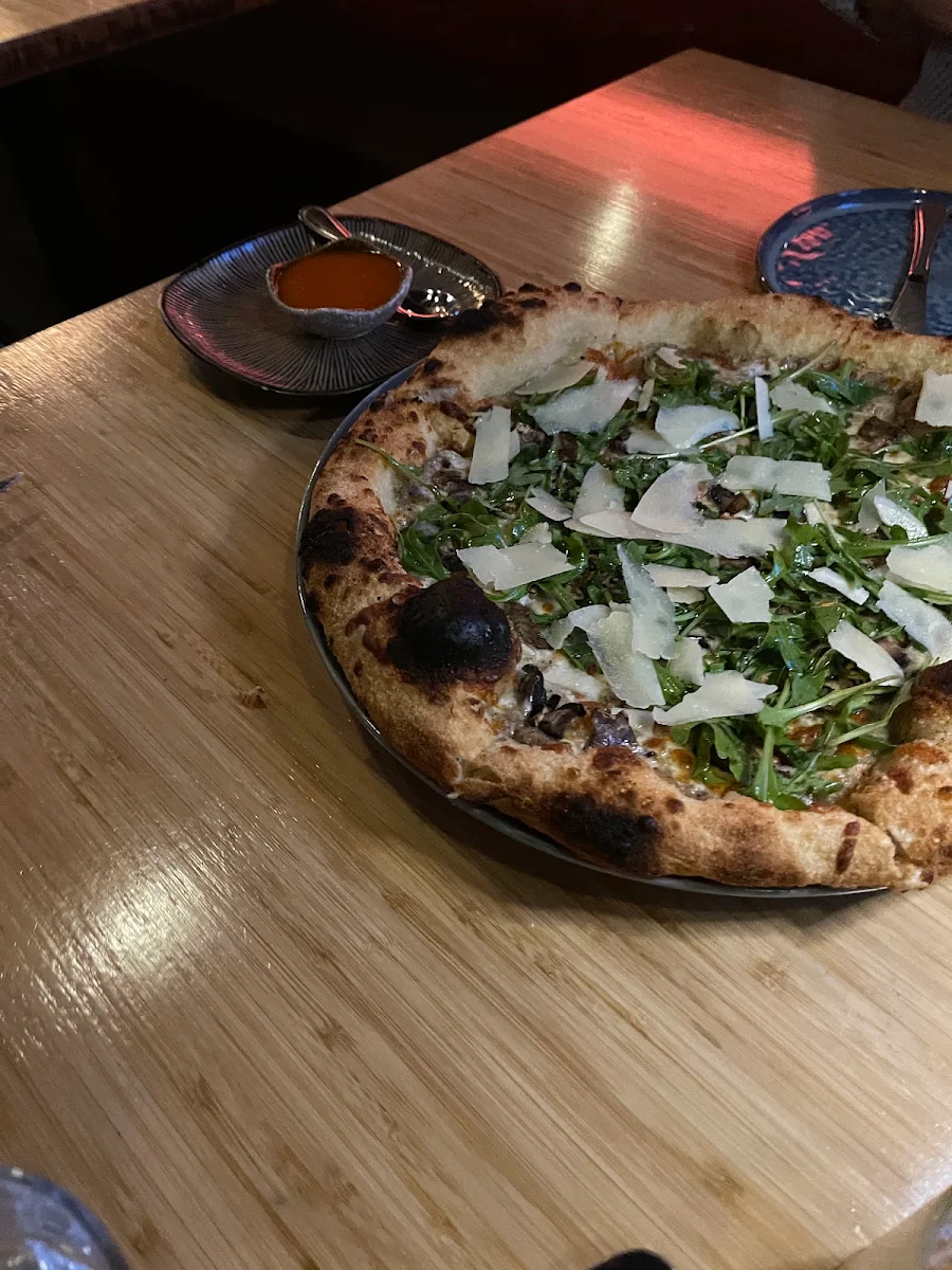 Mushroom Pizza with Hot Honey on the Side