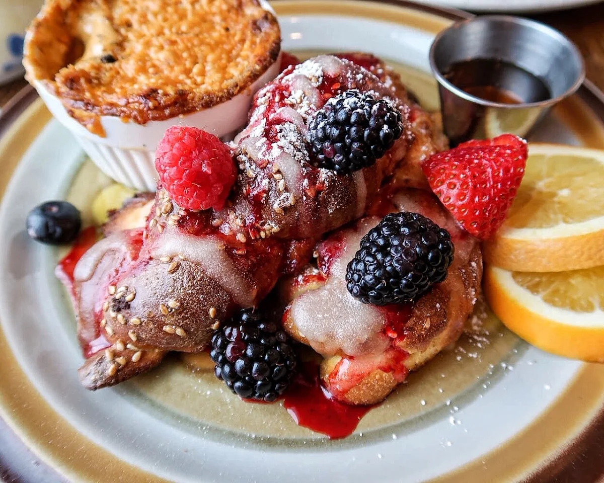 Pralines Encrusted French Toast w Strawberries & Cream