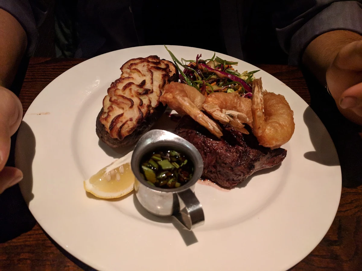 Special Steak Dinner with Tempura Shrimp and Coleslaw Salad
