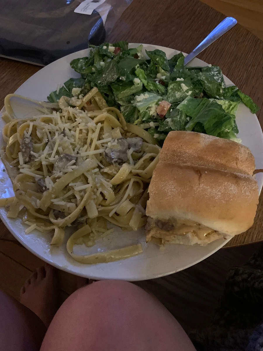 Mushroom Pasta Philly Cheese Steak and Caesar Salad