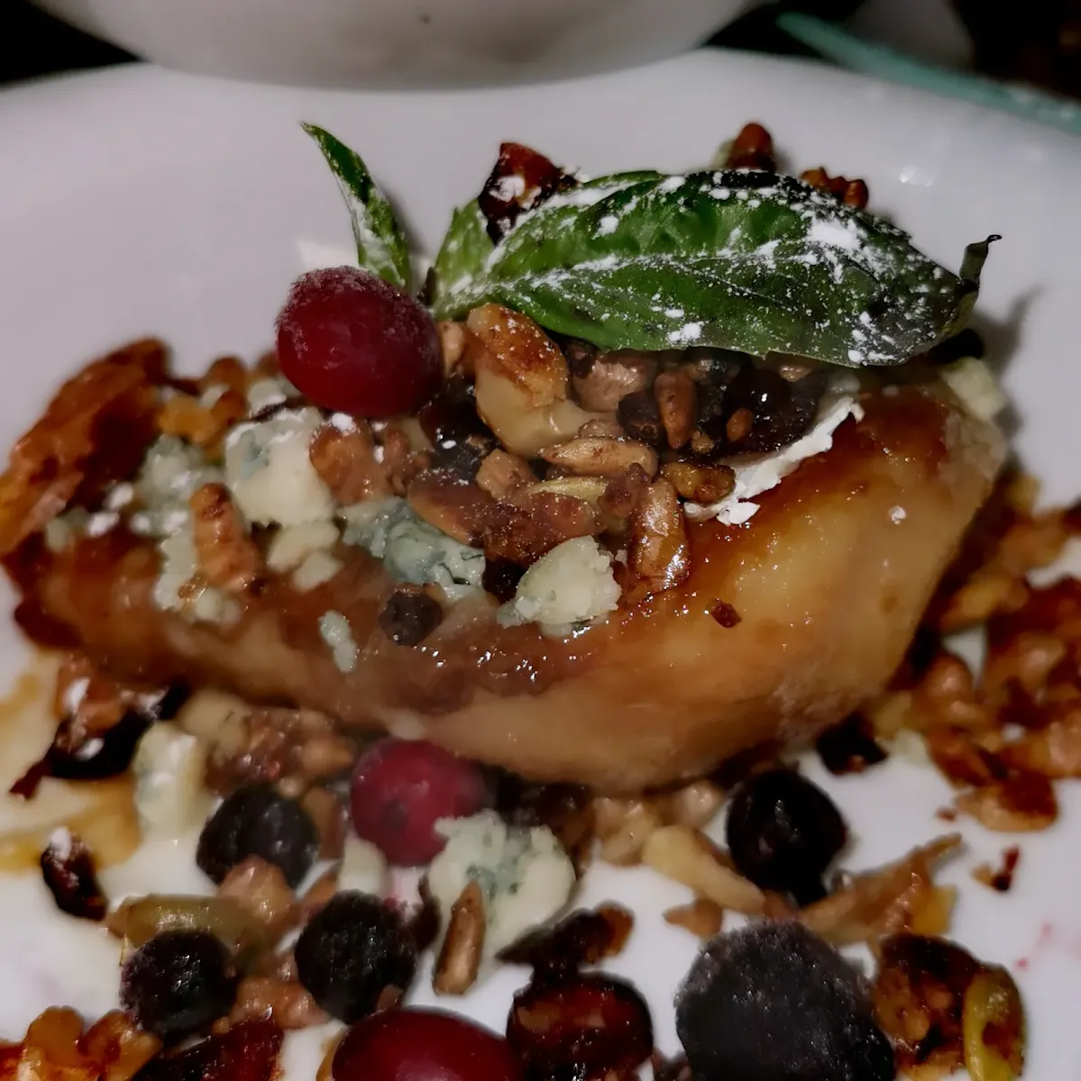 Caramelized Pear with Goat Cheese and Nuts and Cranberries