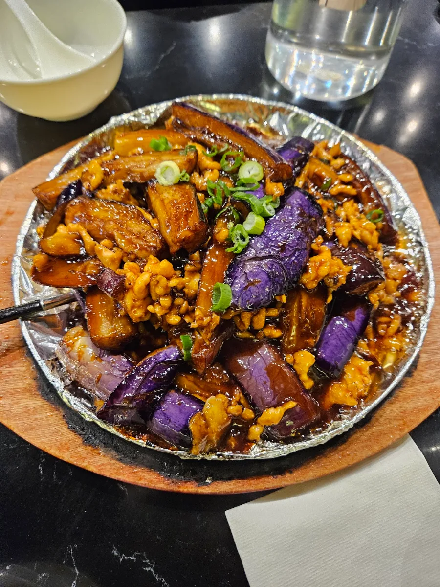 Sizzling Eggplant with Ground Chicken on Hot Plate Szechwan Pepper Chilli Bone-In Chicken
