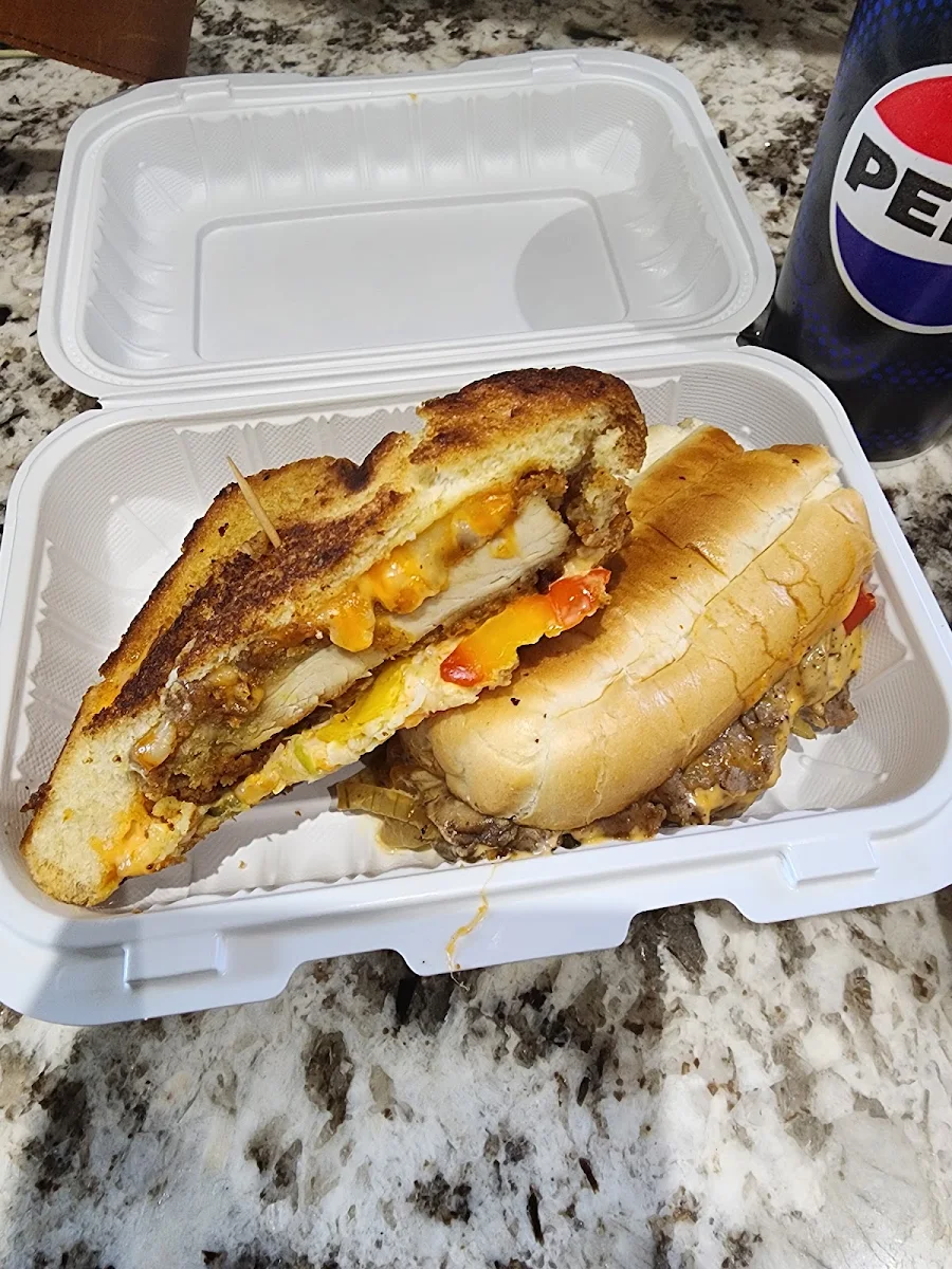 Chicken Grilled Cheese Sandwich and Loaded Hotdog