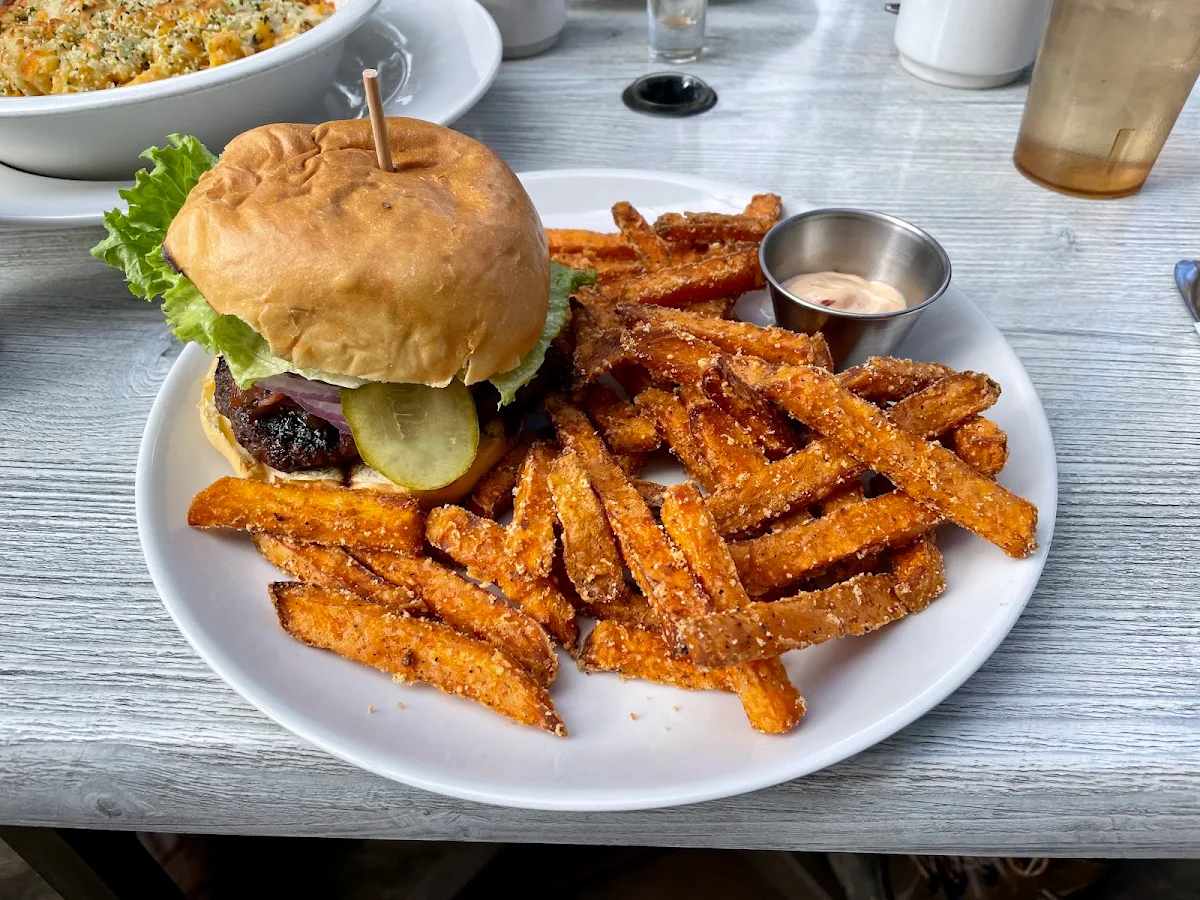Burger and Sweet Potato Fries with Cheese