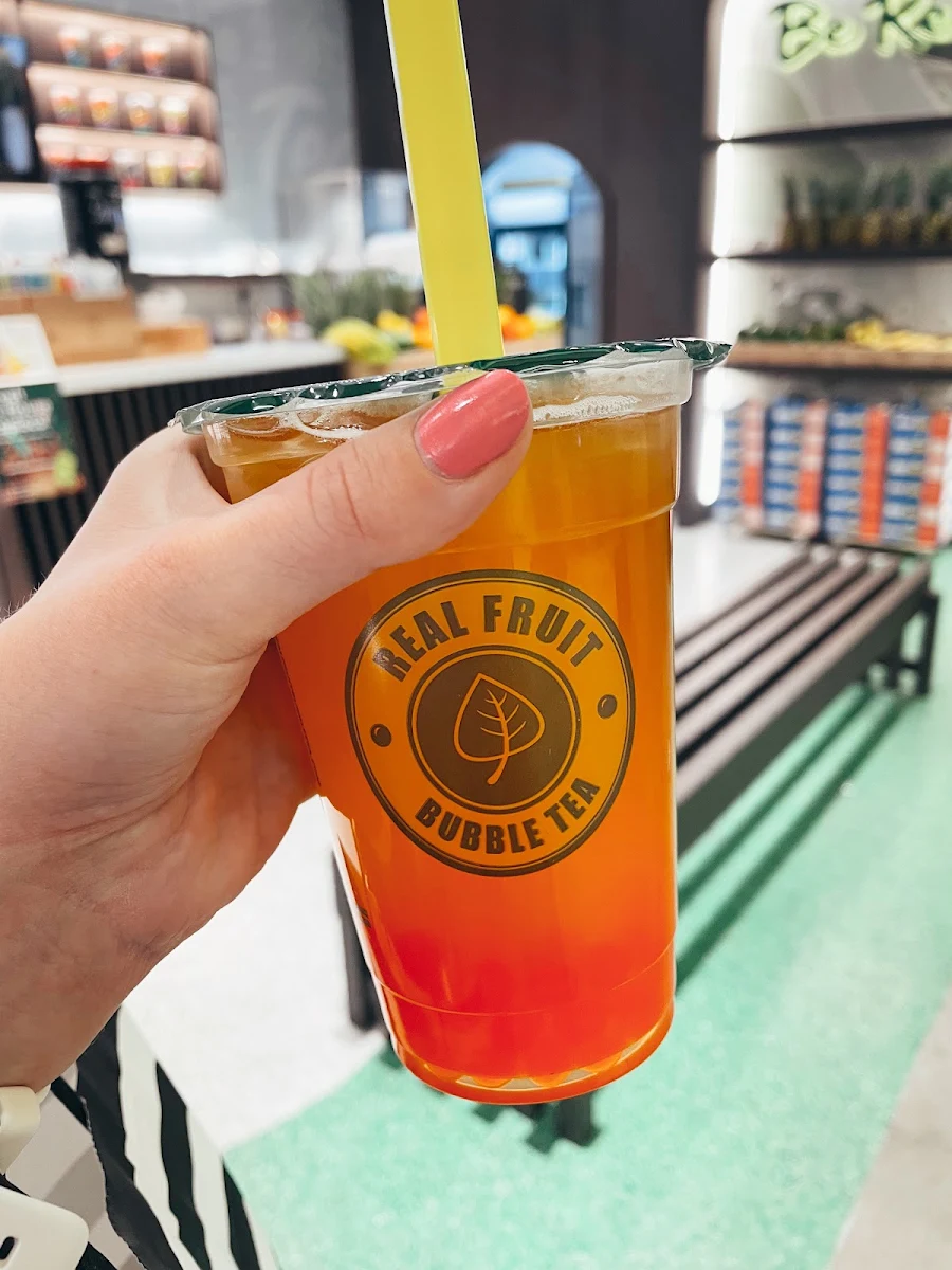 Passion Fruit Green Tea with Strawberry Popping Boba