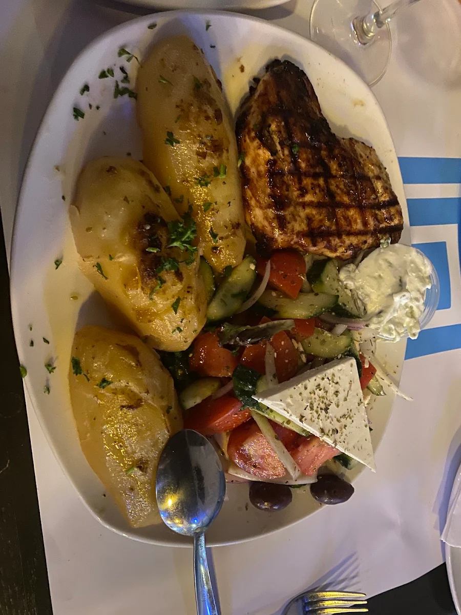 Grilled Chicken with Greek Salad and Greek Potatoes