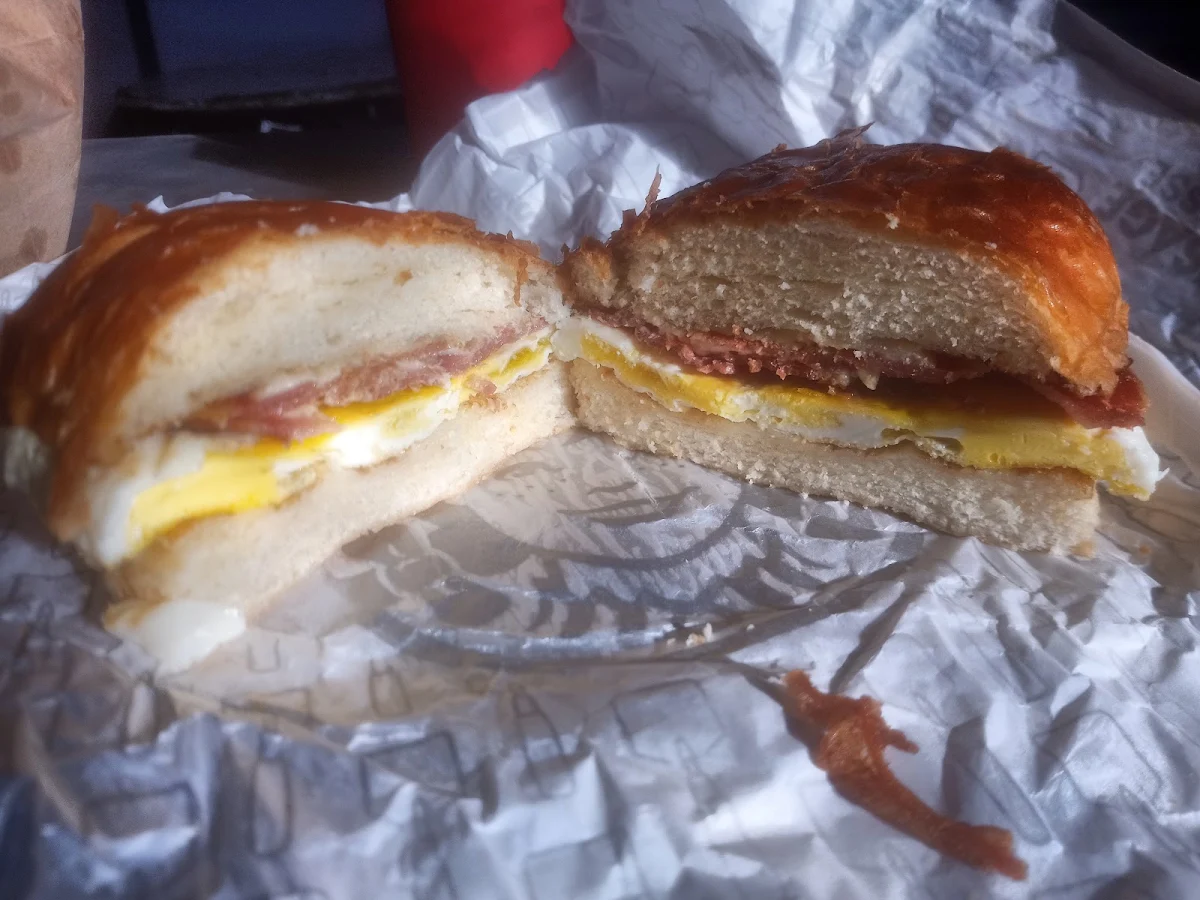 Bacon Swiss and Egg Breakfast Sandwich Bisected