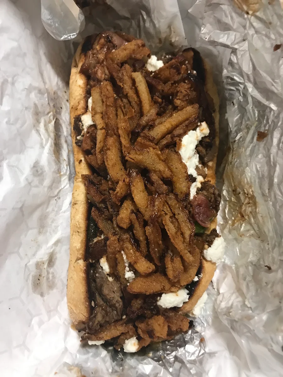 The Greek Freak Sandwich with Tomato Sautéed Onions Feta Cheese and Tzatziki