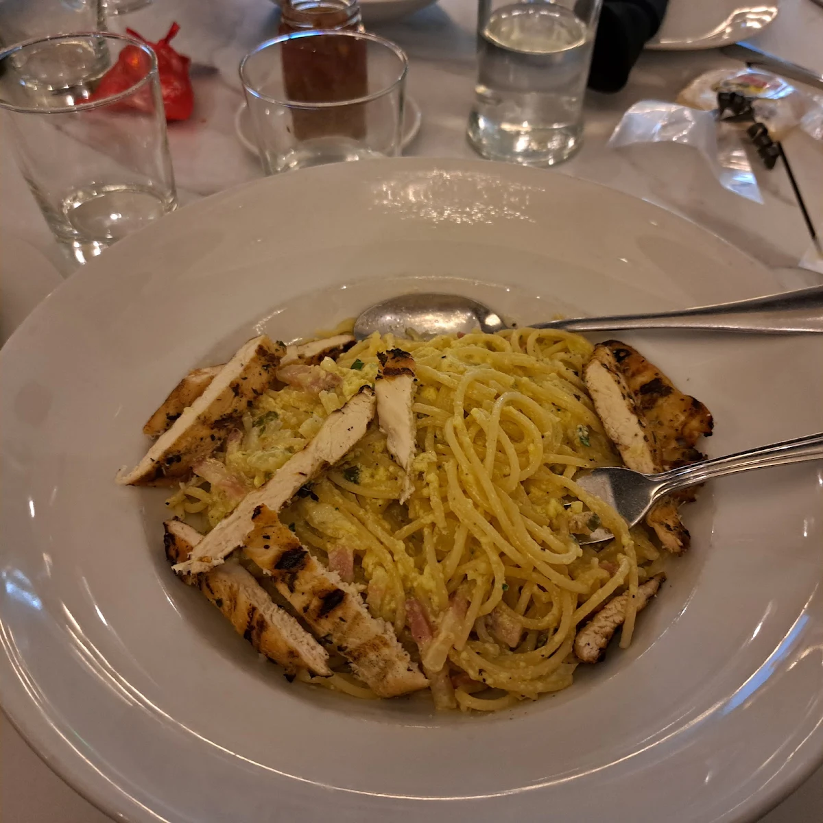 Gluten Free Pasta Carbonara with Extra Chicken