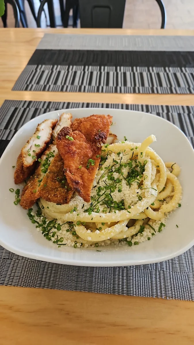 Bucatini Alfredo with Chicken Cutlet