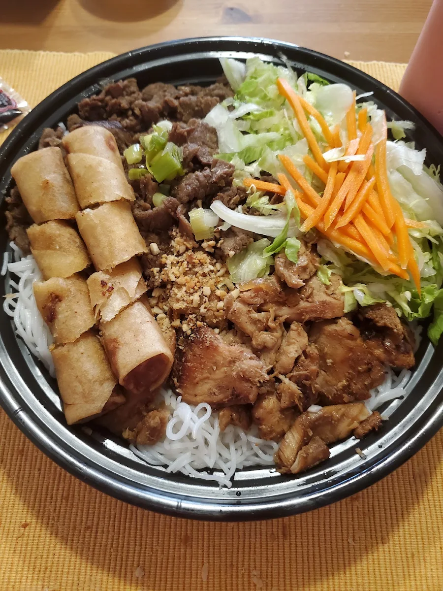 Rice Vermicelli with Chicken and Beef and Spring Rolls