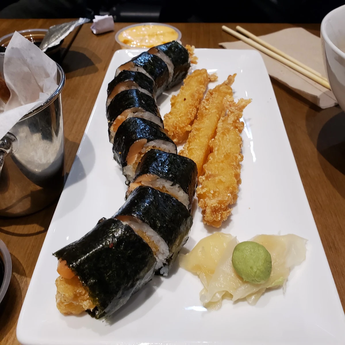Salmon Sushi Rolls and Tempura Shrimps