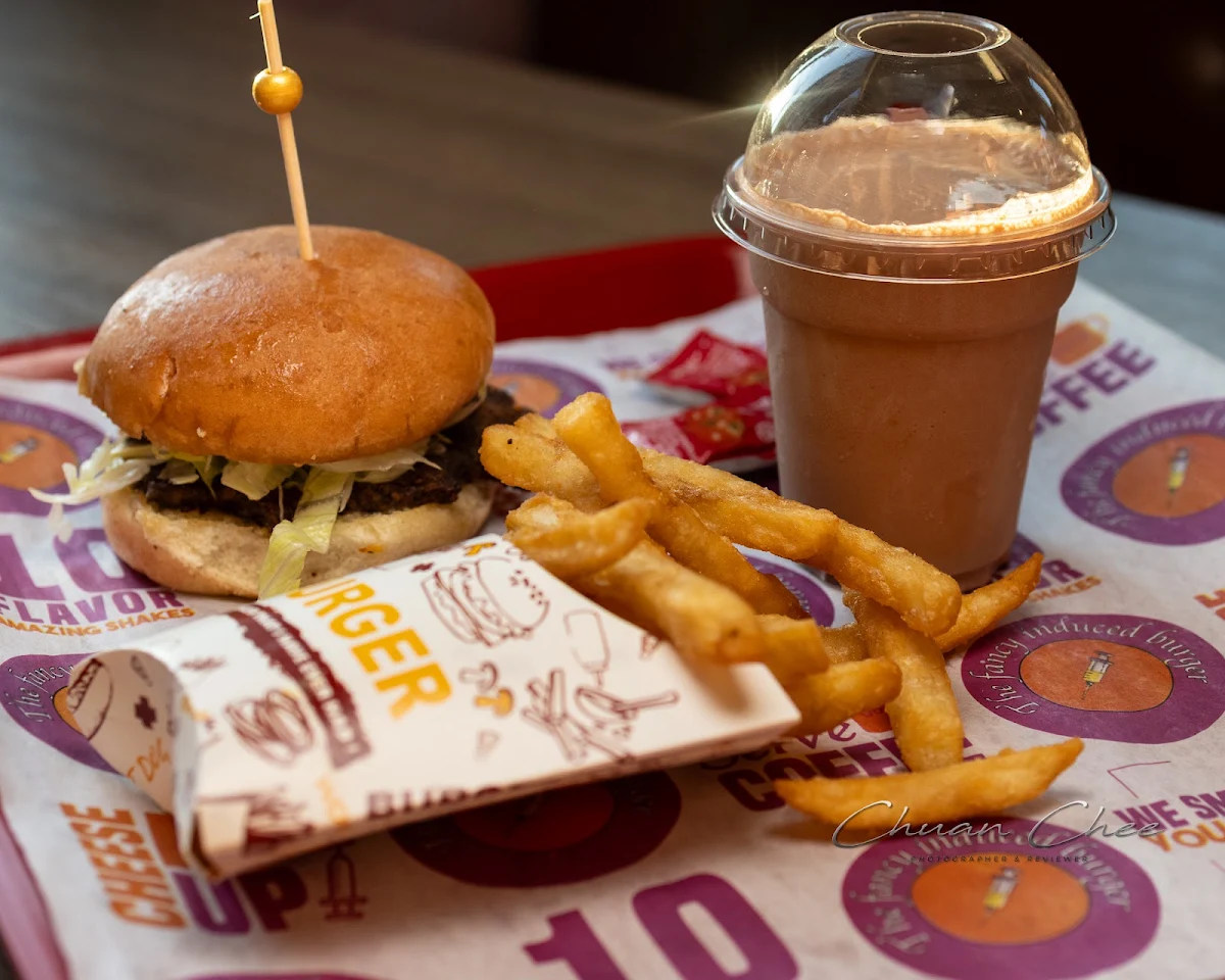 Burger with Fries and Chocolate Shake