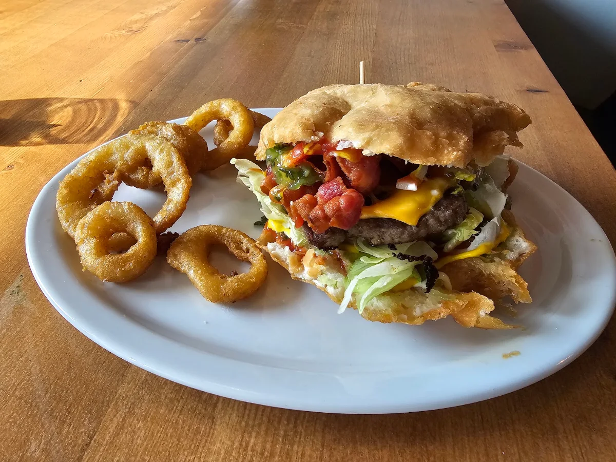 Bannock Burger with Onion Rings