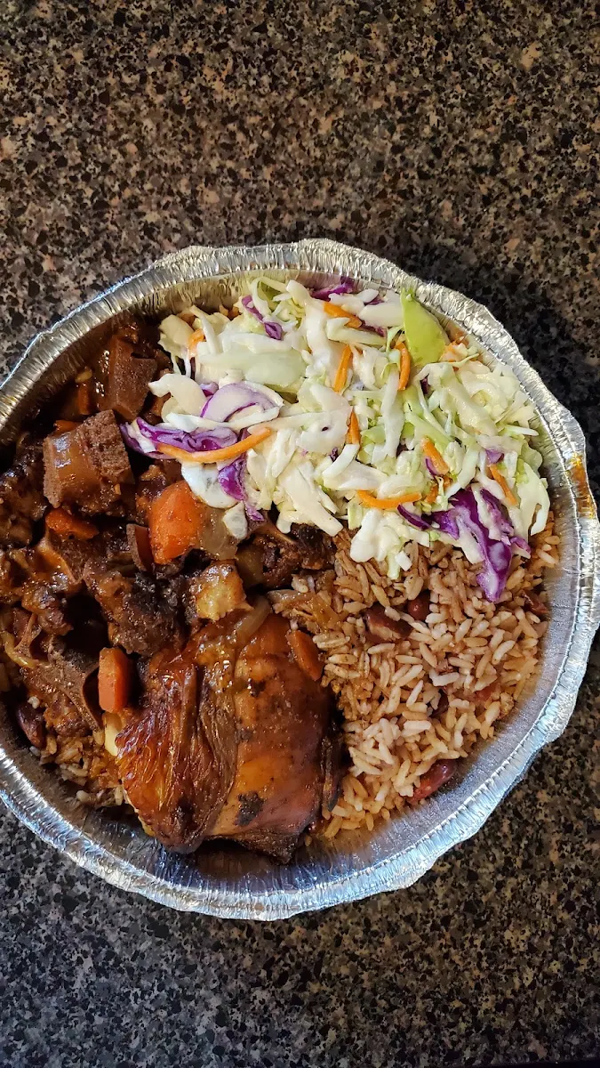Stew Chicken with Rice and Peas and Coleslaw