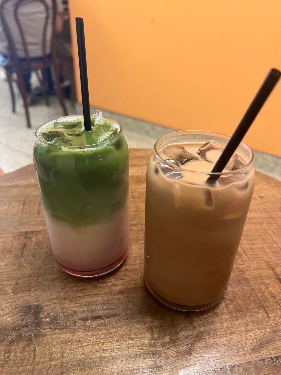Iced Strawberry Matcha Latte and Iced Mocha