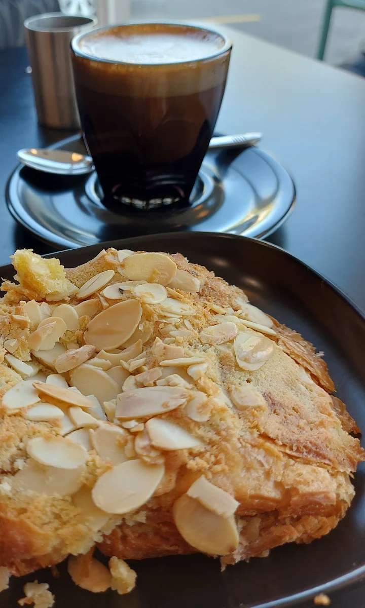 Chocolate Almond Croissant and Cortado Coffee