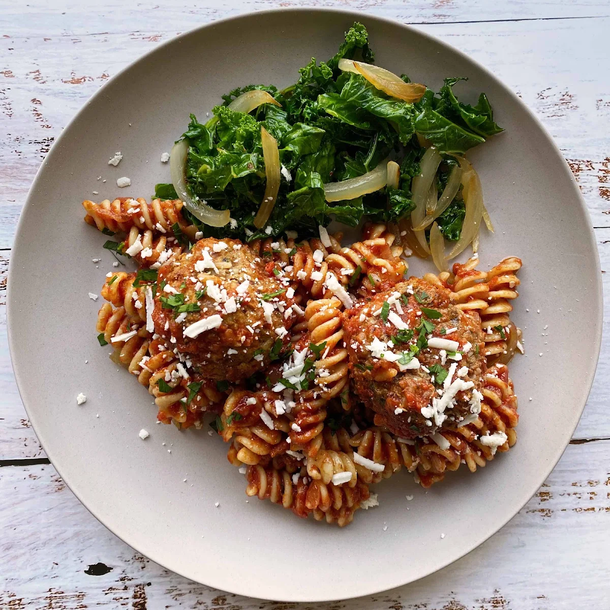 Meatballs in Tomato Sauce with Fusilli