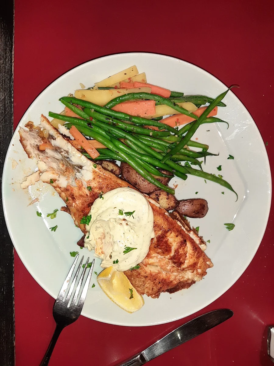 Blackened Pickerel with Roasted Potatoes and Mixed Vegetables