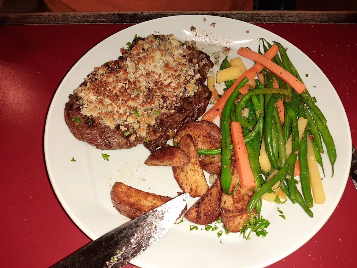 Blue Cheese Crusted Steak with Roasted Potatoes and Mixed Veggies