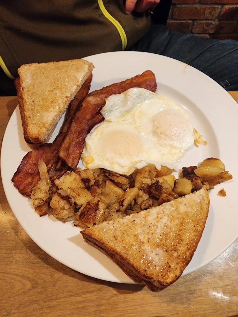 Eggs over Easy Bacon Baked Beans Hash Browns White Toast