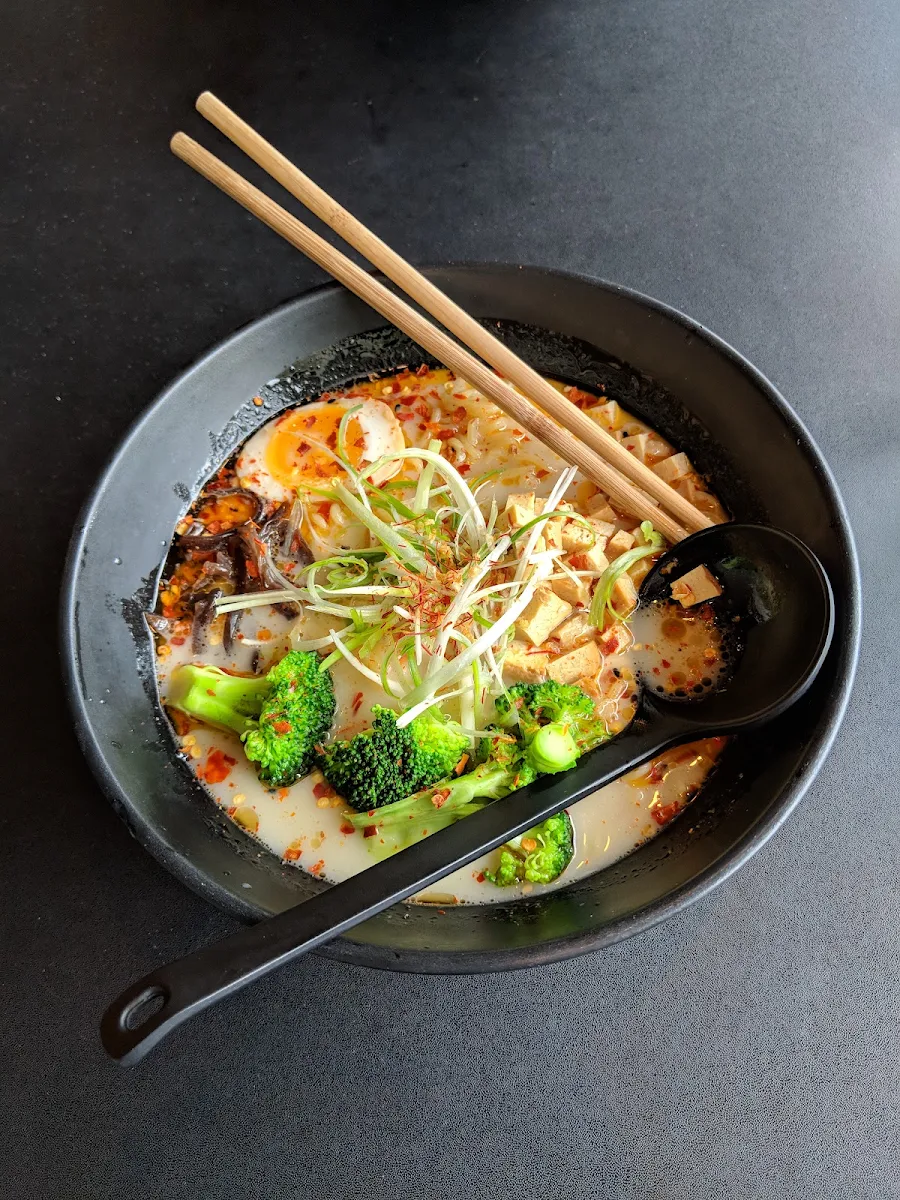 Veggie Ramen with 5 Spiced Tofu Spicy Garlic Oil Broccoli and Soft Boiled Egg