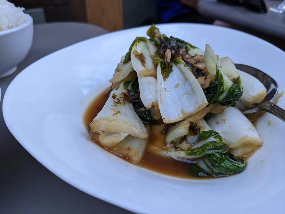 Sautéed Asian Greens with Black Olive and Pickled Mustard Greens Sauce