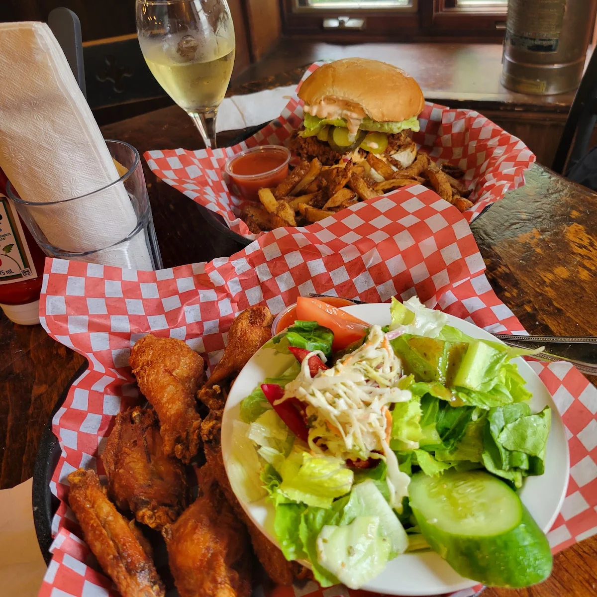 Wings and Pub Salad Chicken Burger and Fries