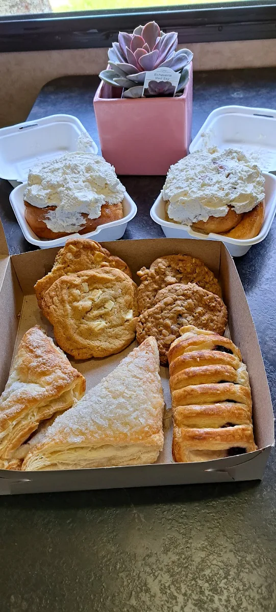 Cinnamon Buns Macadamia and Oatmeal Cookies Danish and Apple and Cherry Turnovers