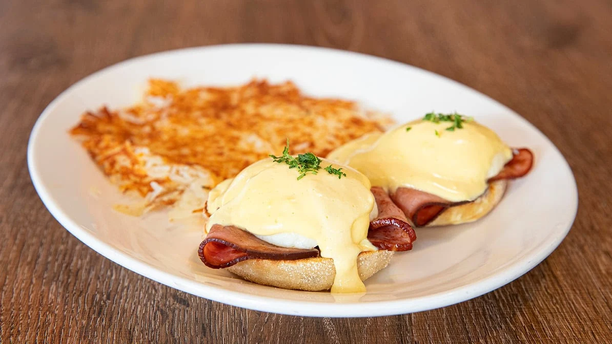 Western Benedict with Black Forest Ham Canadian Cheddar and Sautéed Mushrooms