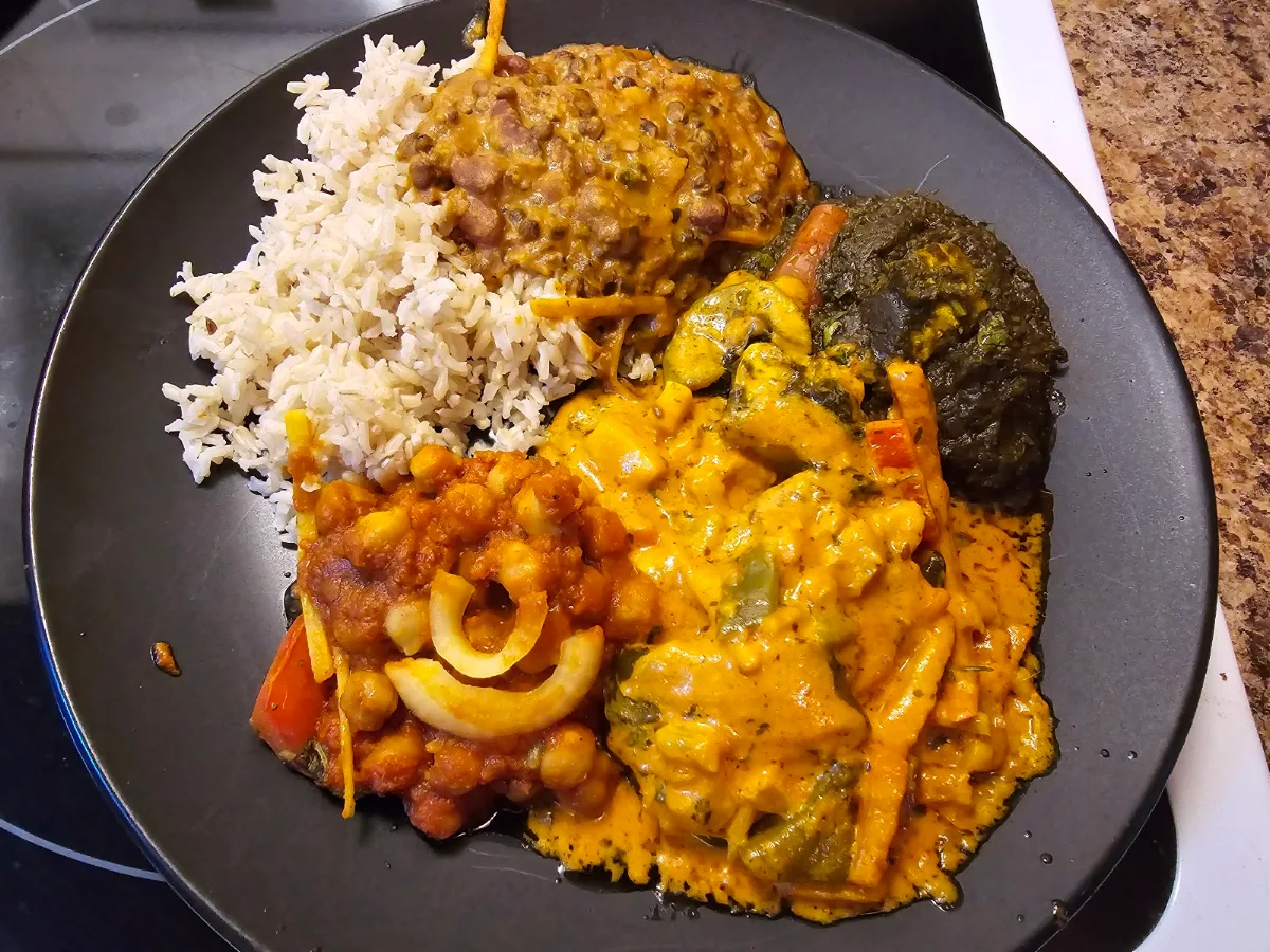 Dahl Saag Paneer Vegetable Korma and Channa Masala