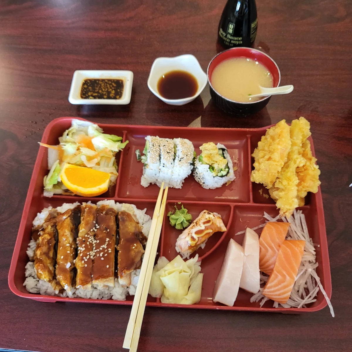 Chicken Teriyaki Sashimi Box with Spring Rolls