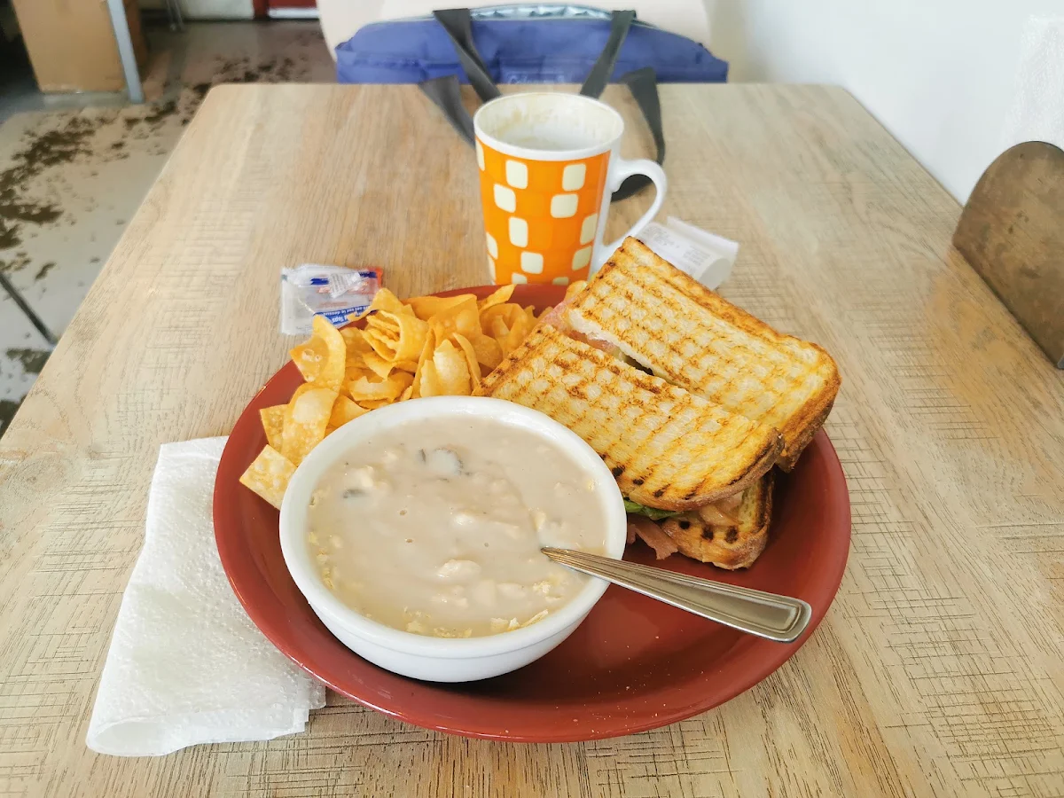 Cream of Mushroom Soup blt Toasted House Made Chips and Coffee