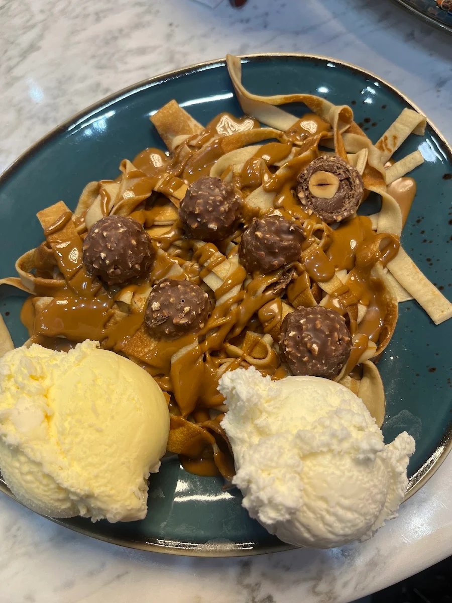 Ferrero Rocher and Chocolate Fettuccine Crêpes with Vanilla and French Vanilla Ice Cream