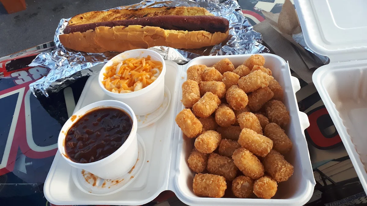 Foot Long Hot Dog Tator Tots Baked Beans and Macaroni and Cheese Sides
