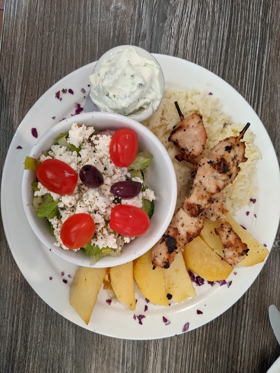 Chicken Souvlaki with Rice and Lemon Potatoes