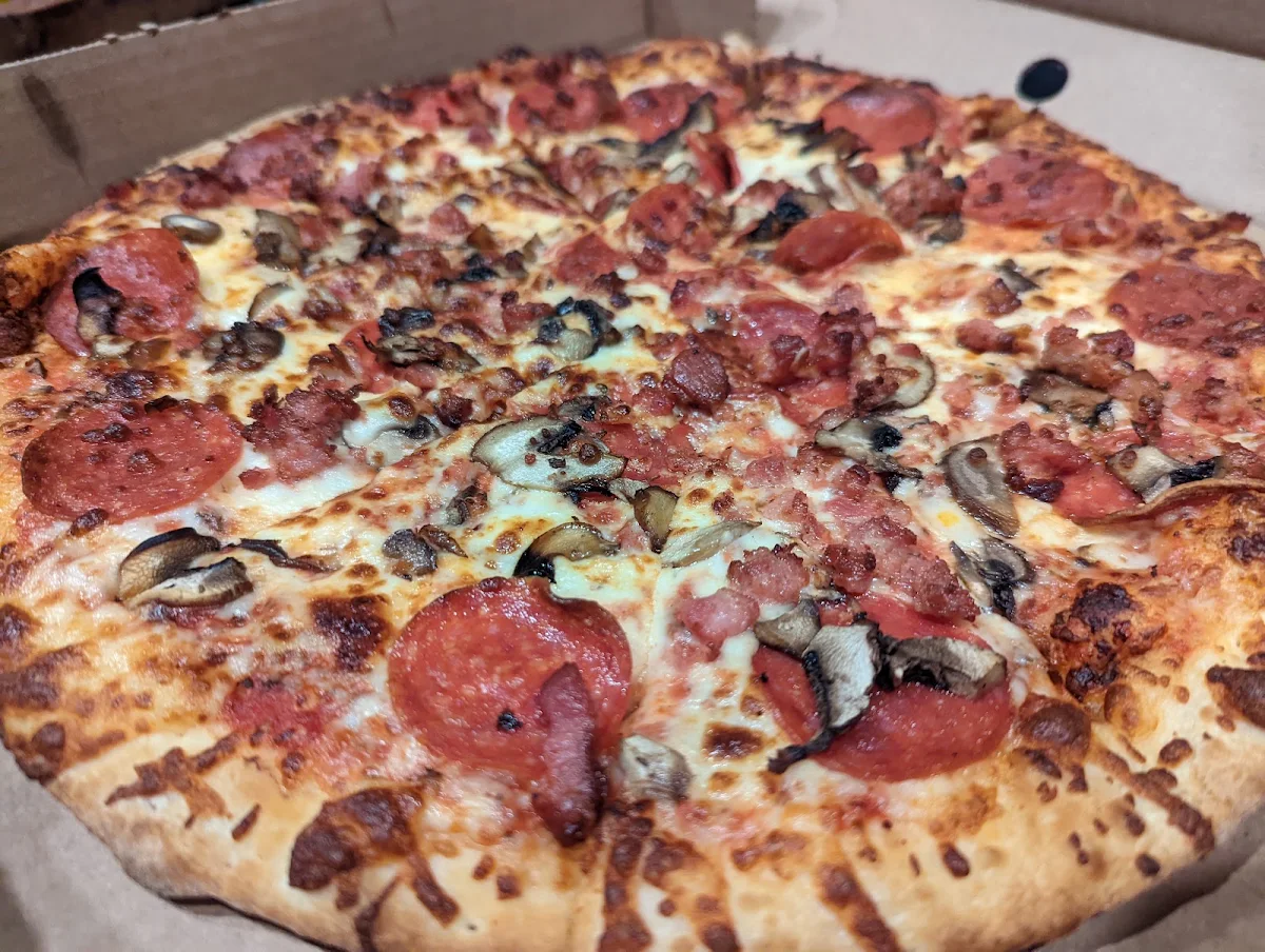 Large Pepperoni Bacon and Mushroom Pizza