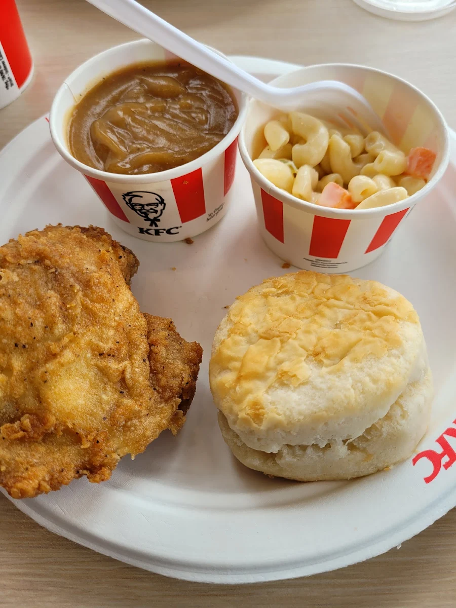 Fried Chicken Buttermilk Biscuit Gravy and Macaroni Salad